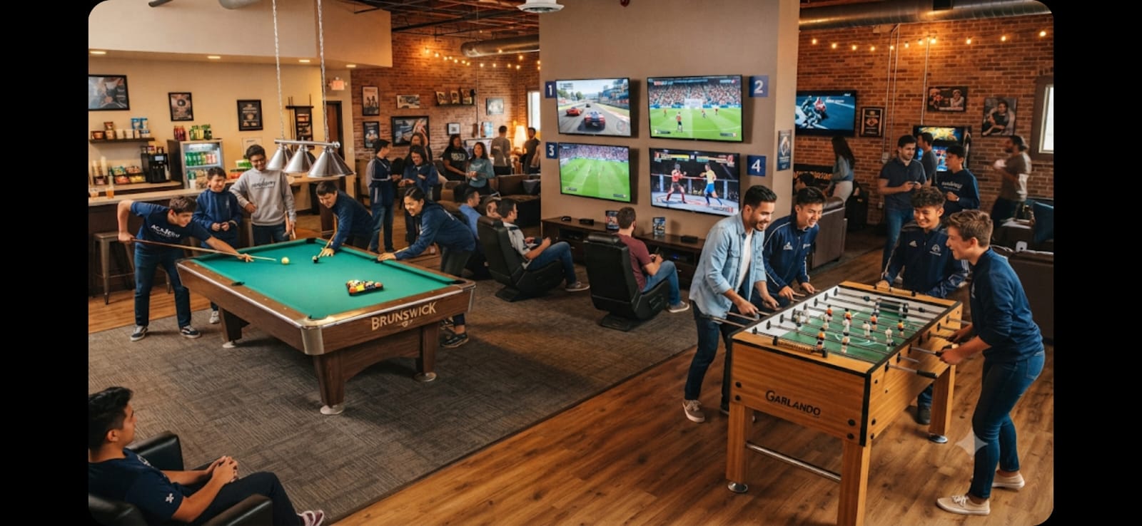 Recreational area — pool table, foosball, TVs
